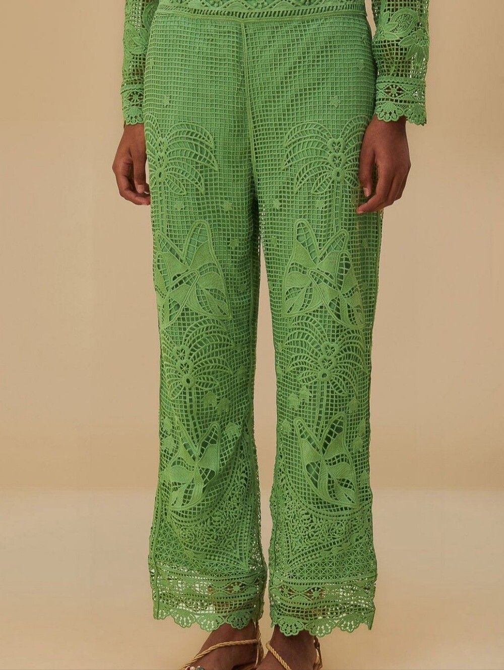 Farm Rio Green Guipure Lace Palm Leaf Wide Leg Pants | Size Small | NWOT - Picture 2 of 8